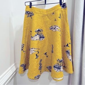 Darling London Textured Skater Bird Skirt Size M Mustard Yellow & Black Printed
